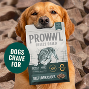 A golden retriever dog holds a bag of Prowl Freeze Dried Beef Liver Cubes for cat & dog. A green circular badge of 'DOGS CRAVE FOR'.