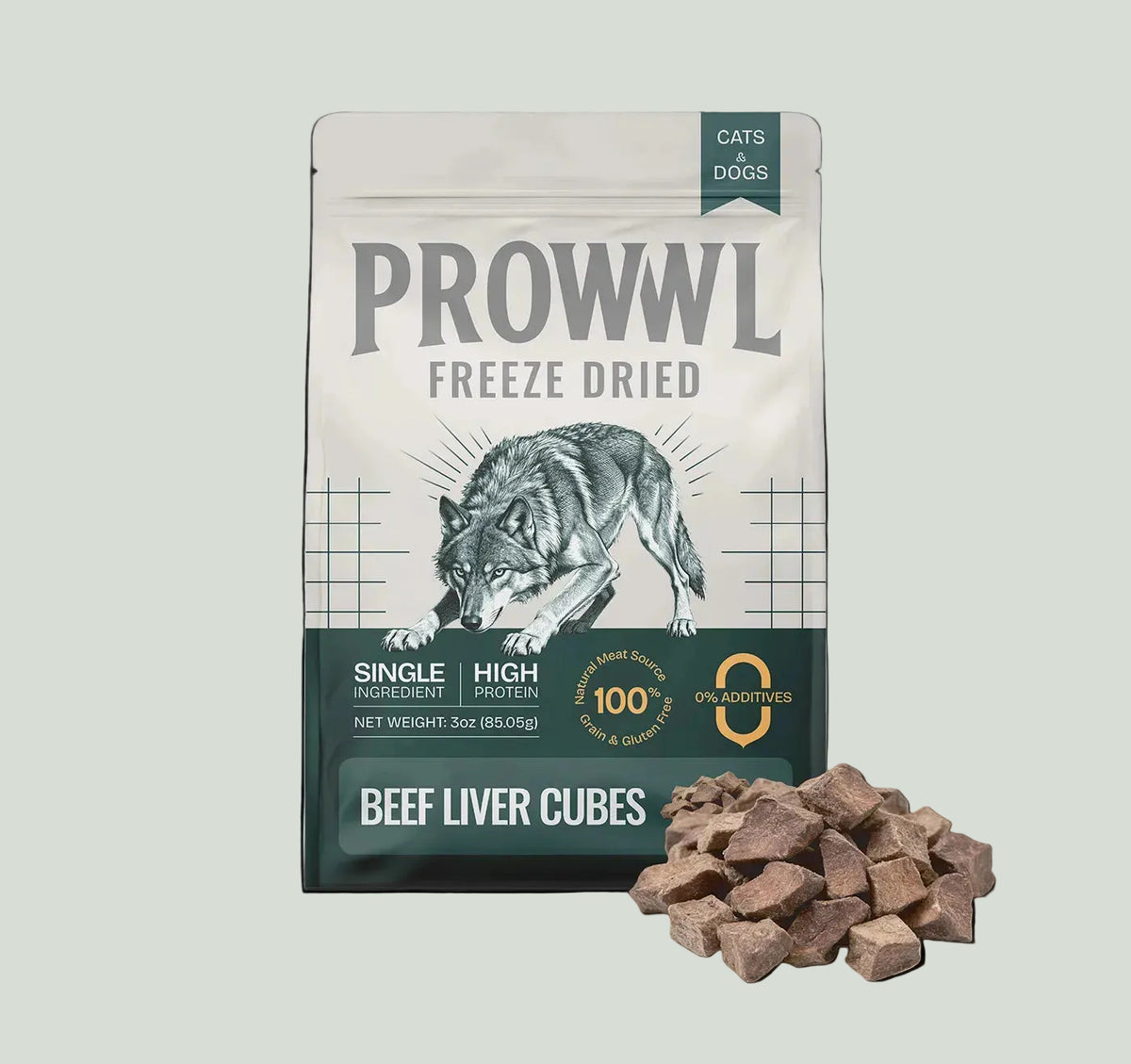 Prowwwl freeze-dried beef liver cubes packaging with natural meat source 3oz