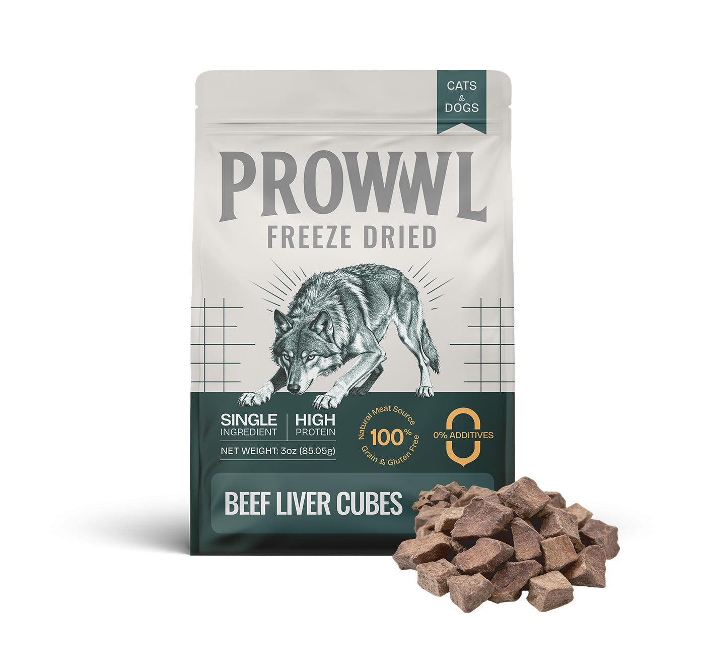 Prowwwl freeze-dried beef liver cubes packaging with natural meat source 3oz