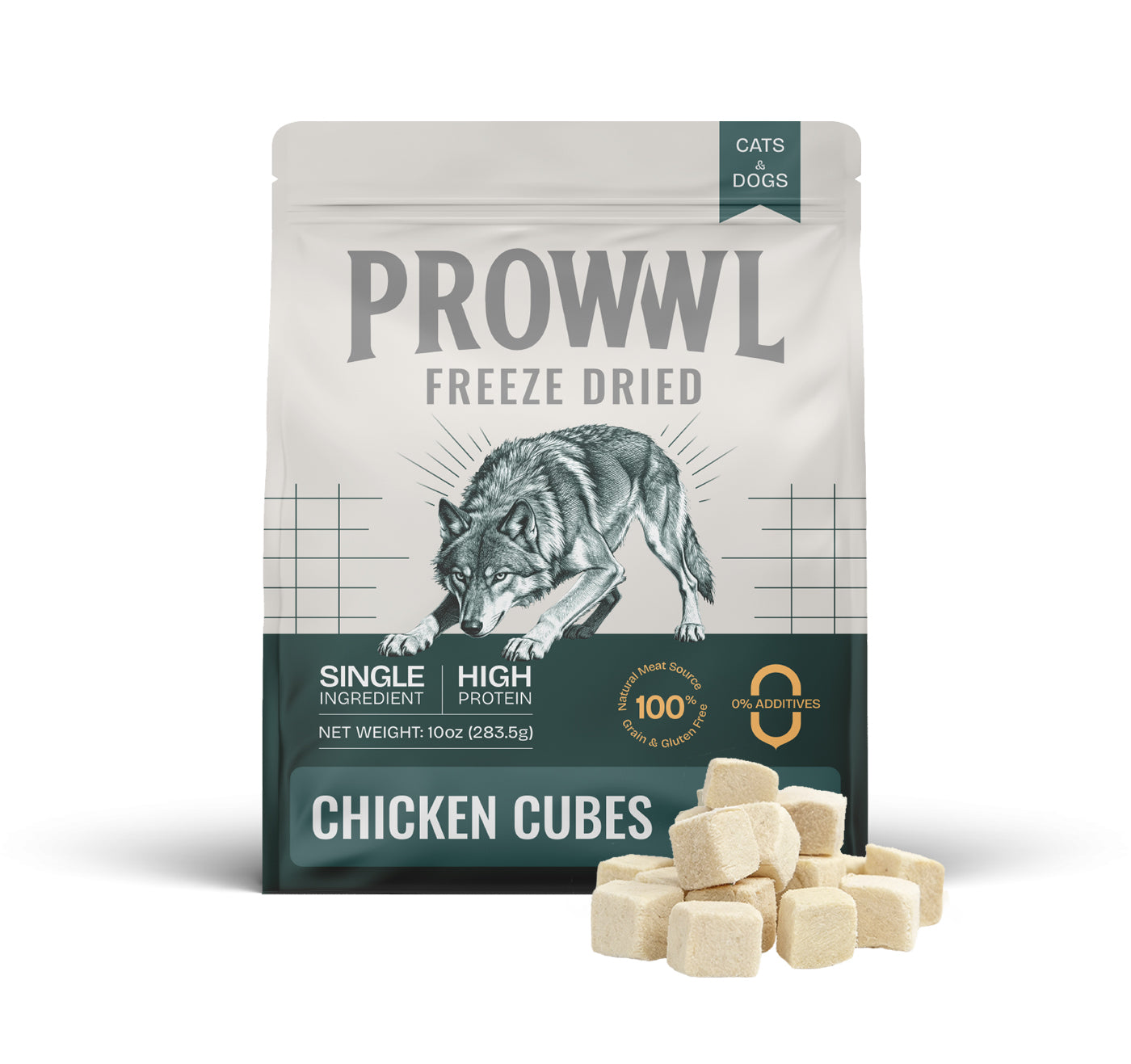 PROWWL Freeze-Dried Chicken Cubes 10 oz package with real chicken treat cubes for dogs and cats