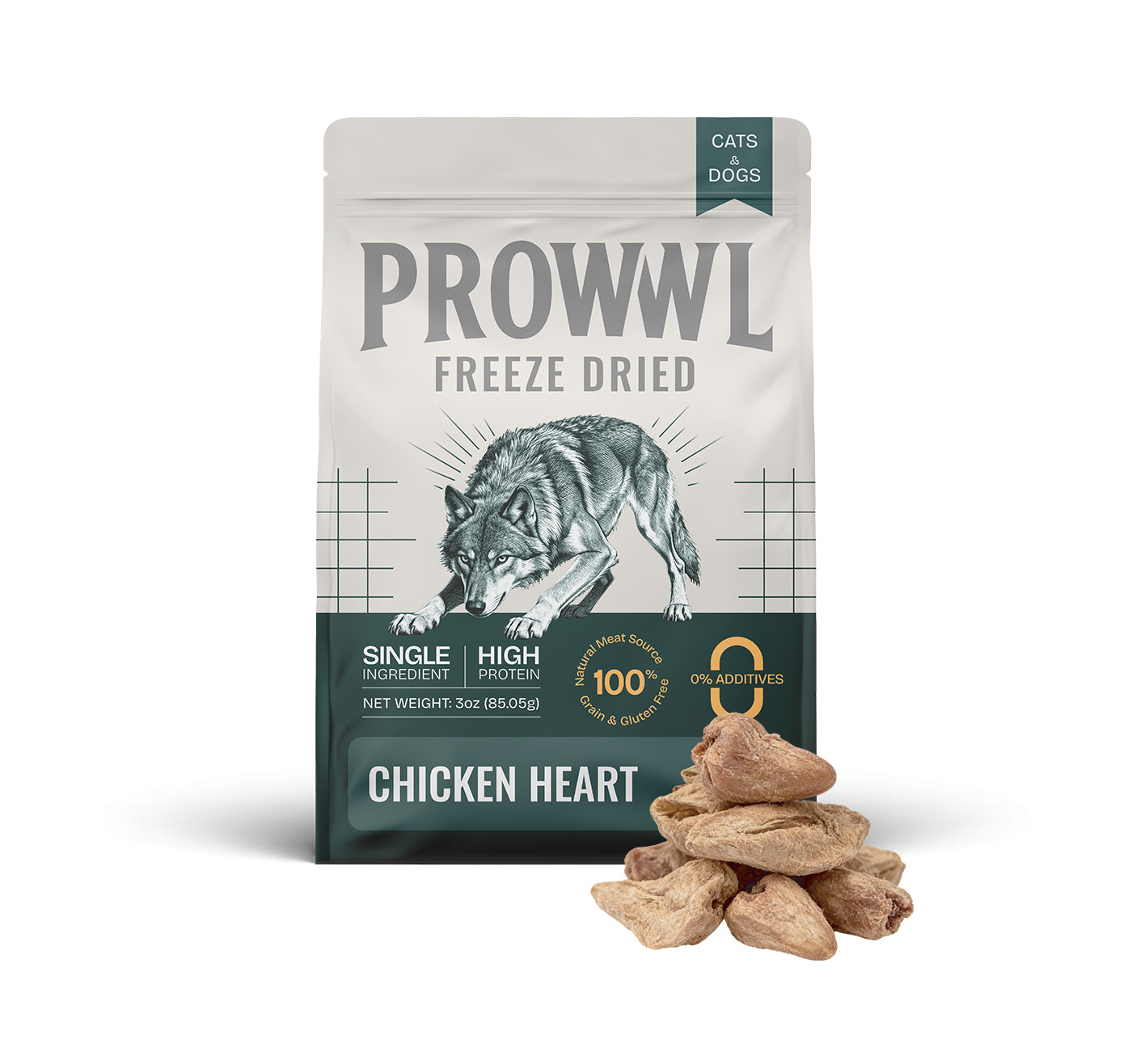 PROWWL Freeze-Dried Chicken Hearts 3 oz package with real chicken heart treats for dogs and cats