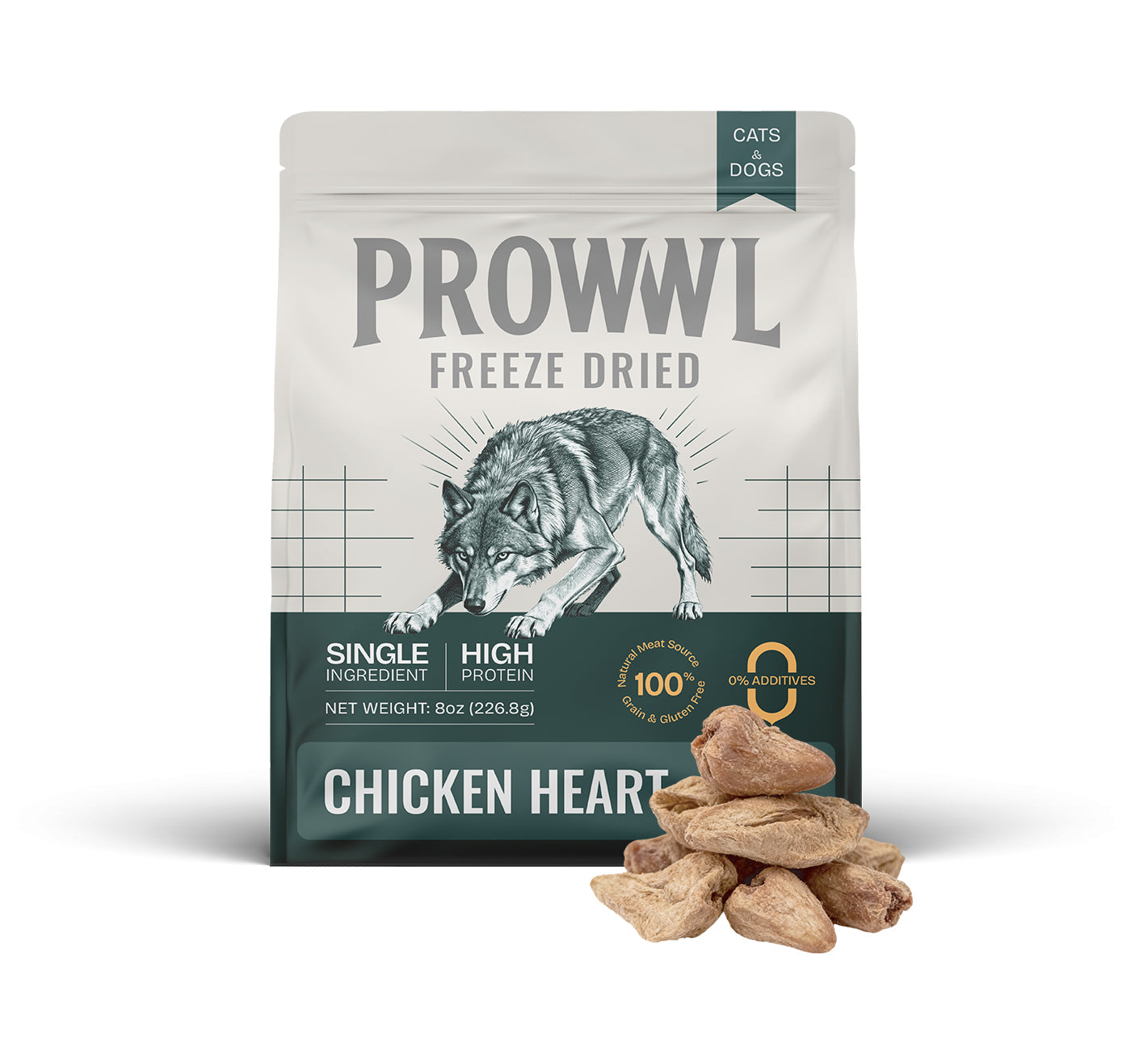 PROWWL Freeze-Dried Chicken Hearts 8 oz package with real chicken heart treats for dogs and cats