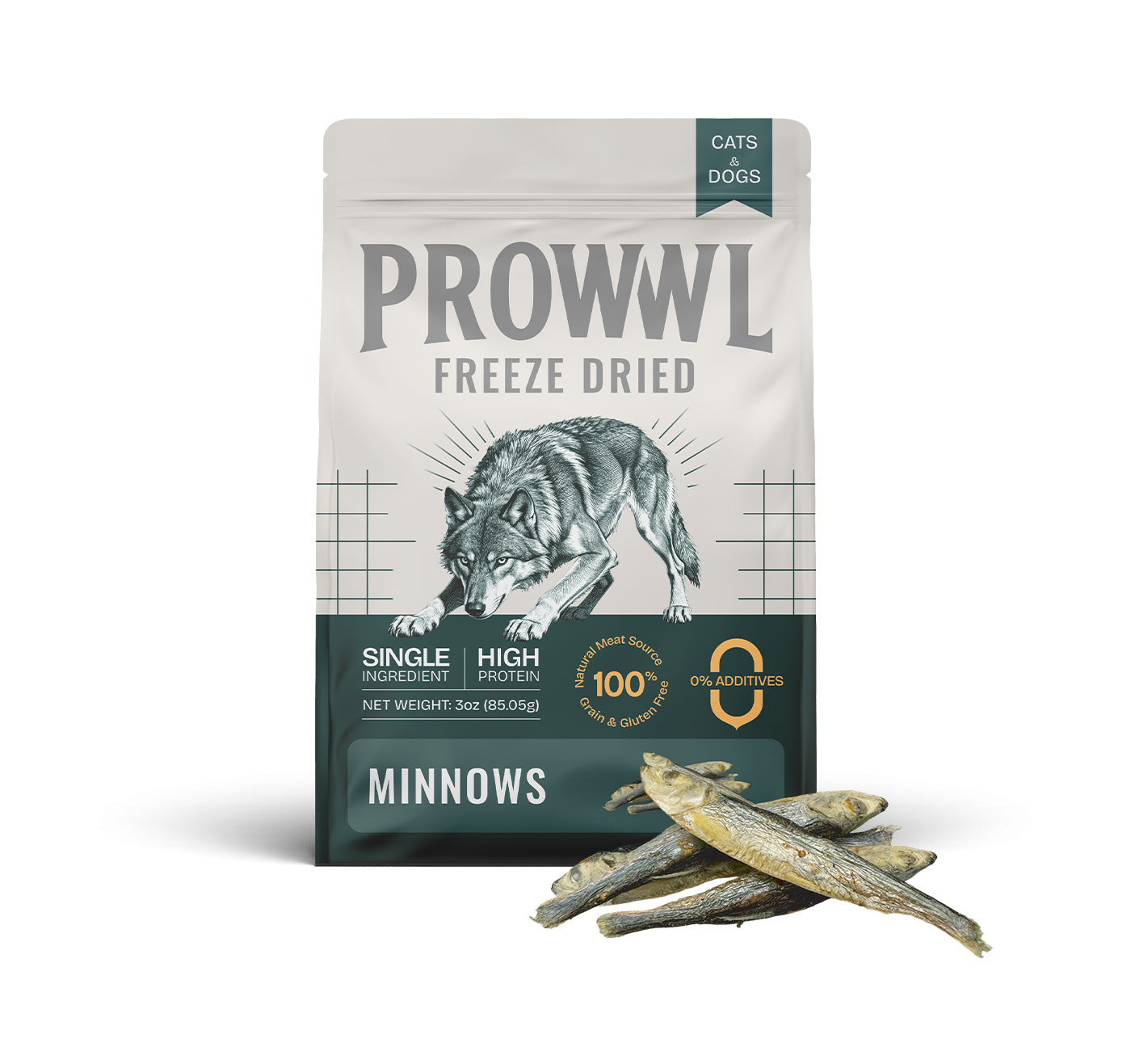 PROWWL Freeze-Dried Whole Minnows 3 oz package with whole fish treats for dogs and cats