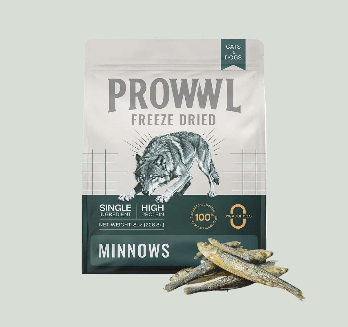 PROWWL Freeze-Dried Whole Minnows 8 oz package with whole fish treats for dogs and cats